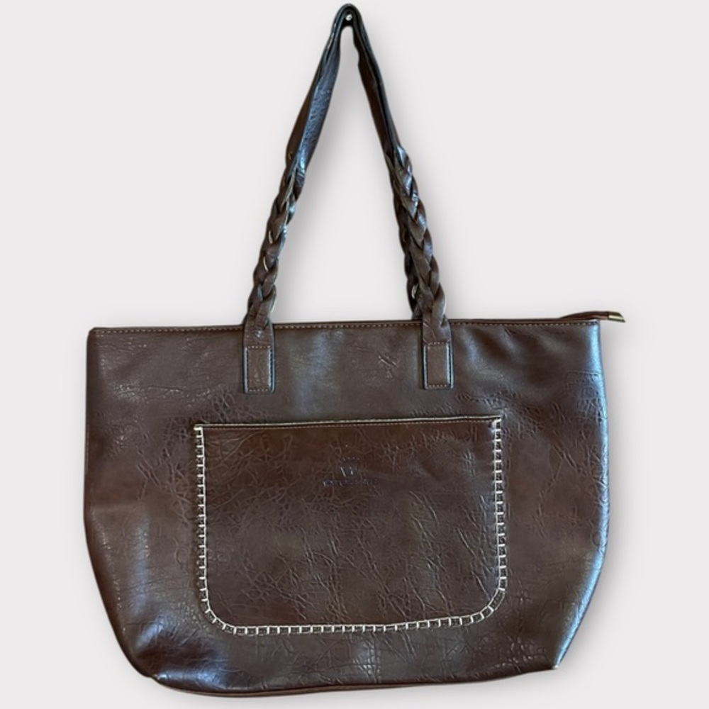 Weimeibaige Brown Faux Leather Tote Shoulder Bag Braided Straps White Stitching